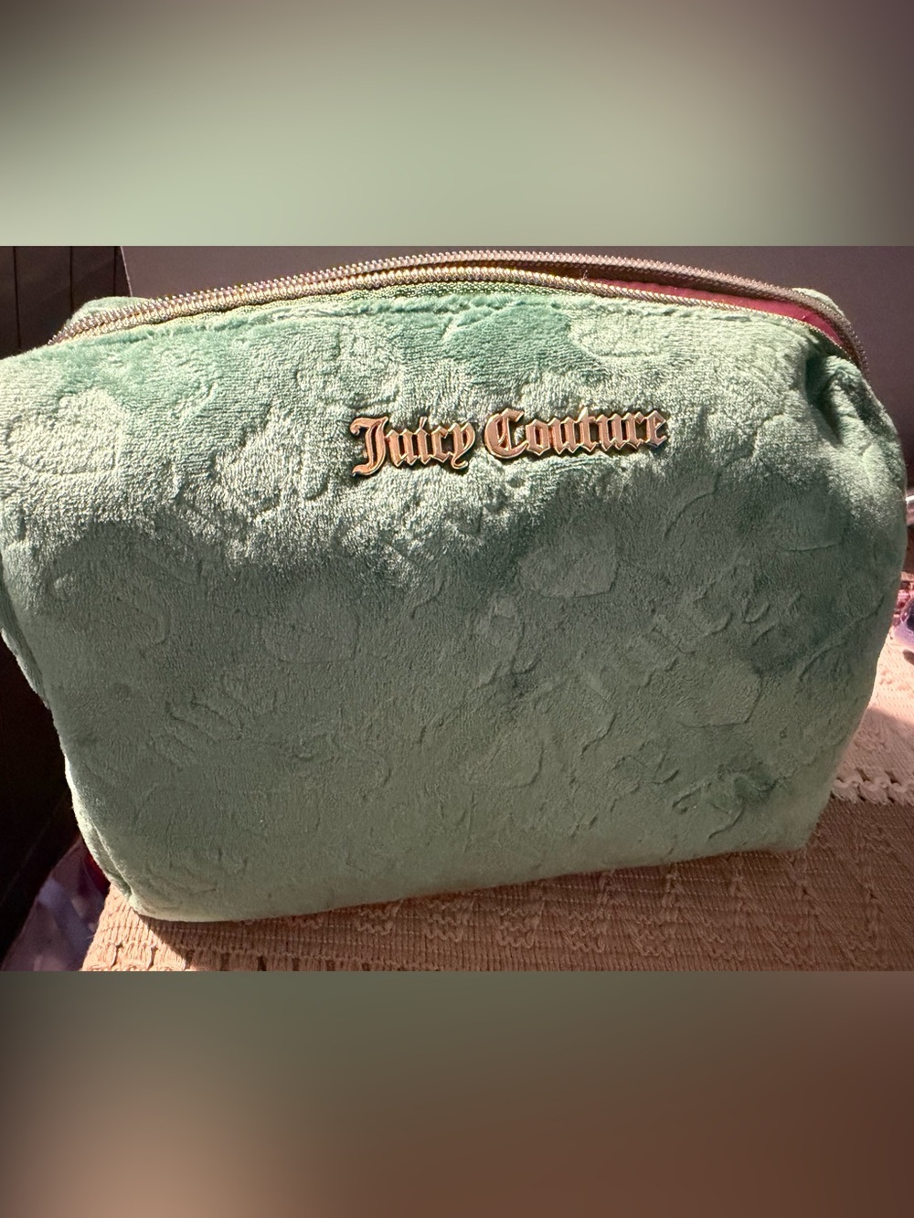 Juicy Couture Green/light teal Plush Makeup Pouch with Gold Logo